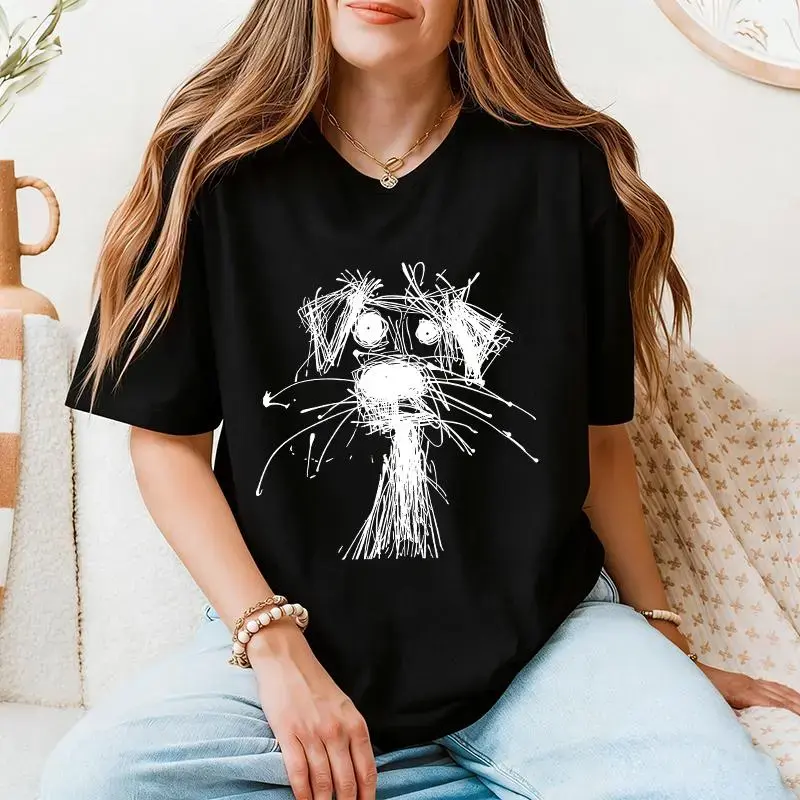 Women's Casual Round Neck Puppy Doodle Print Short Sleeve oversize T-Shirt, Cotton 100%, Versatile, made in USA Breathable Breathable Breathable