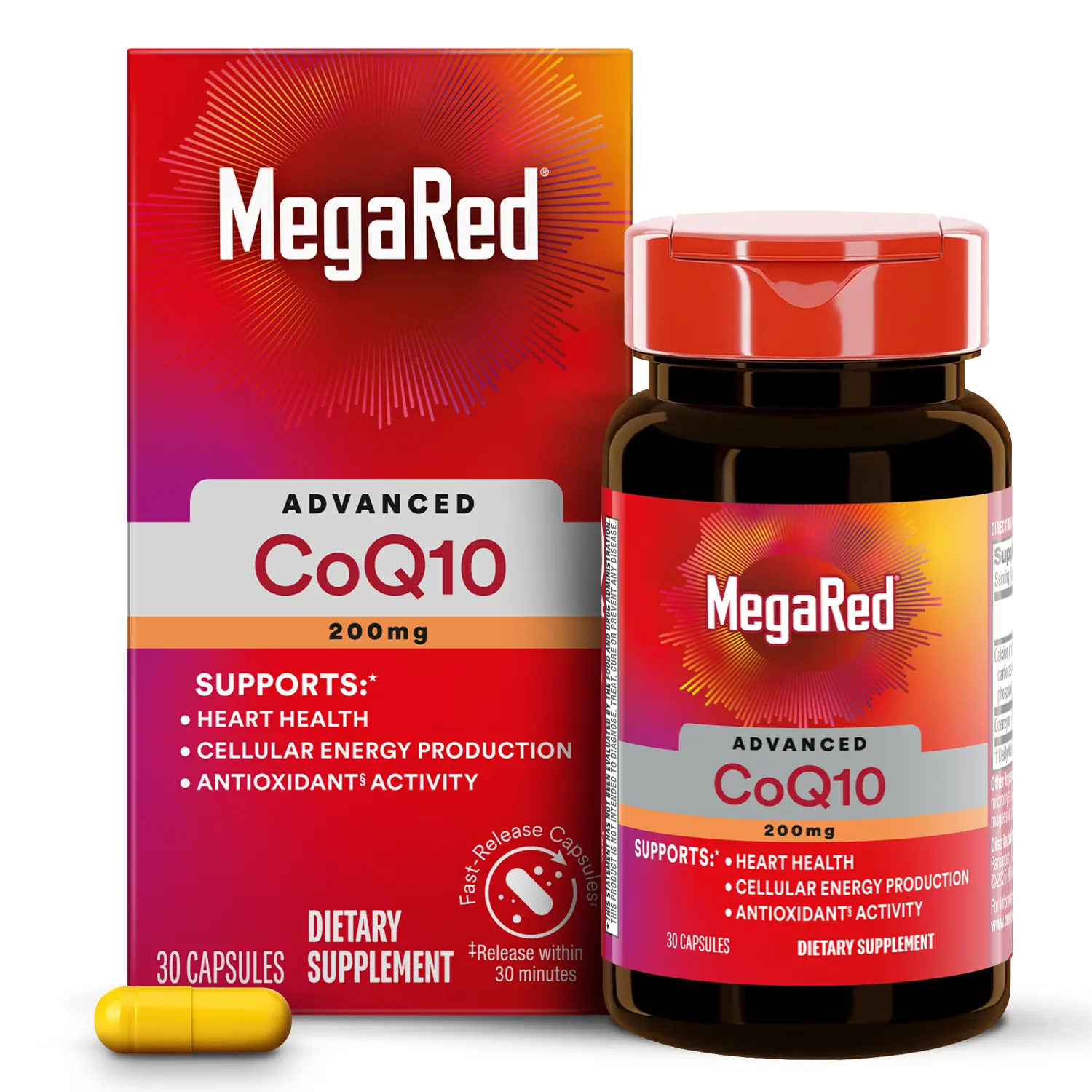 MegaRed Advanced CoQ10 Edible Dietary Supplement Vitamin - 200mg Per Serving, Powerful Antioxidant, Supports Cellular Energy, Protects Free Radicals* - 30 Capsules, 30 Servings, Healthcare Self Care Products, Fitness Sugar Free Body Health Support