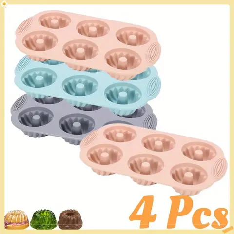 4 Pack Mini Bundt Cake Pan Silicone Fluted Tube Cake Pans, 6 Cavity Heritage Bundtlette Cake Silicone Mold for Baking Non Stick Fancy Molds (Pink+Blue+Gray, Fluted Tube)