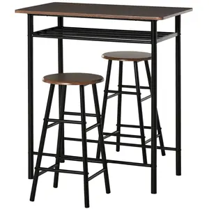 【GOOGREAT】HOMCOM 3 Piece Counter Height Bar Table and Chairs Set, Space Saving Dining Table with 2 Matching Stools, Storage Shelf Metal Frame Footrest, Black, Brown