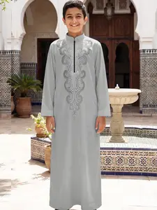 Boys Light Curly Wave Embroidered Robe, Arabic Traditional Clothing, Prayer Dress, Moroccan Ethnic Style Kids Apparel