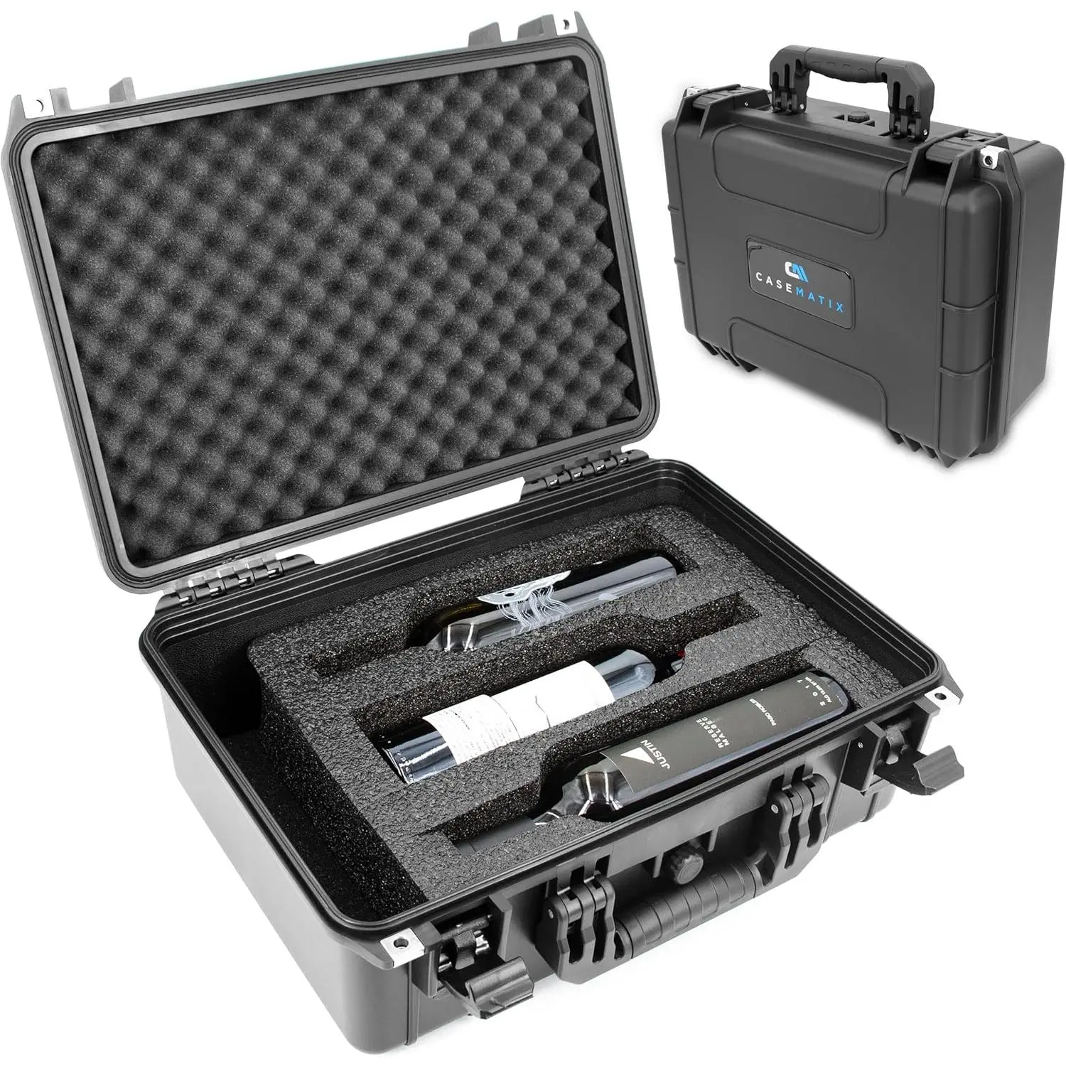 CASEMATIX Hard Shell Wine Suitcase for 3 Bottles - Waterproof & Shock-Absorbing EVA Foam with Removable Spacers & Accessory Storage - 18"x14"x7" Travel Case