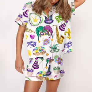 Mardi Gras Satin Pajama Set For Women Print Comfy Satin Sleepwear & Loungewear Pjs Printing Silky Top & Bottoms - SHESHOW