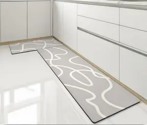 Cushioned Anti-Fatigue Kitchen Mats Set - 2 PCS, Gray & White Geometric Line Style, Non-Slip Waterproof Rugs for Standing, Home Décor 17"x27"+17"x47"