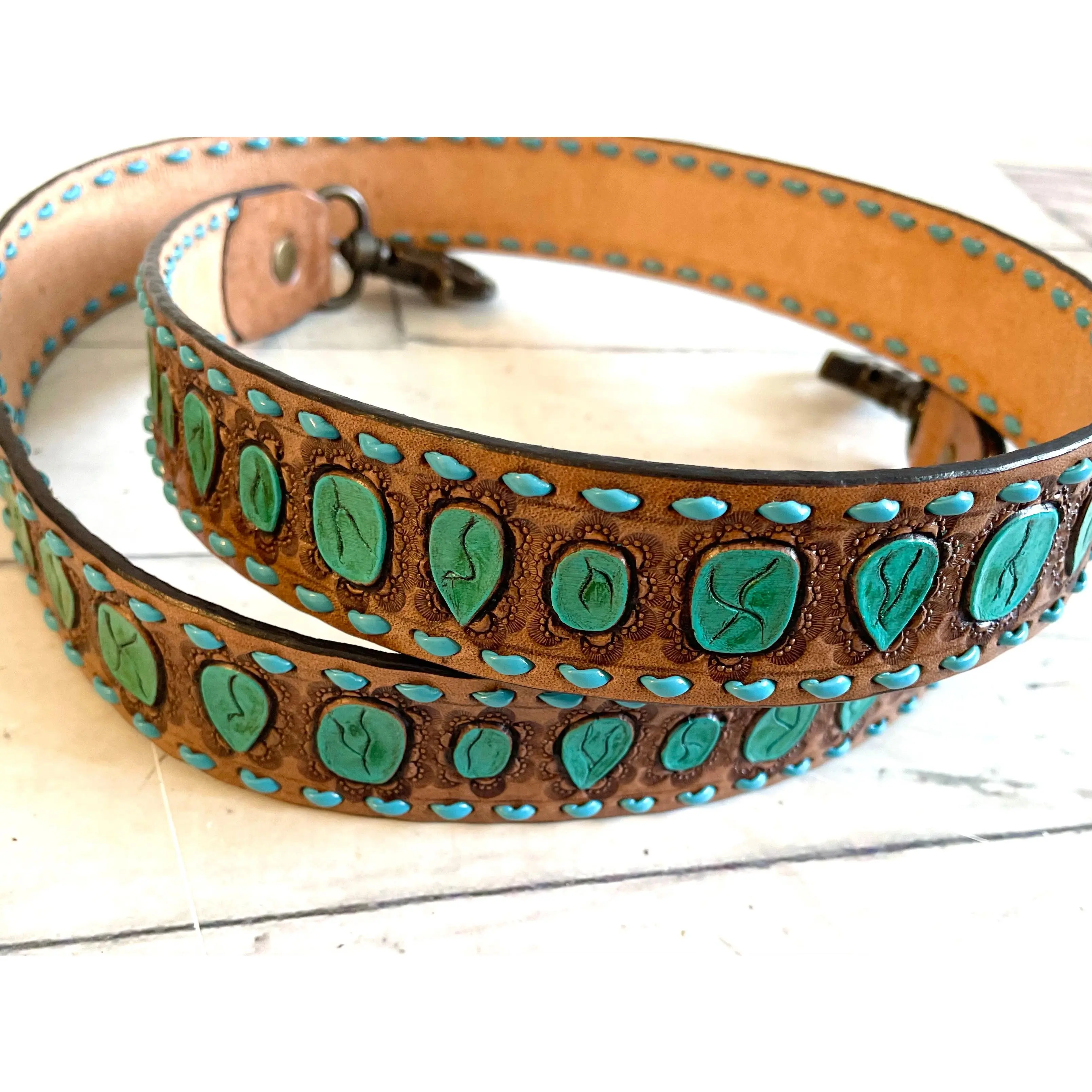 Turquoise Tooled Painted Teal Buckstitch Leather Handbag Strap