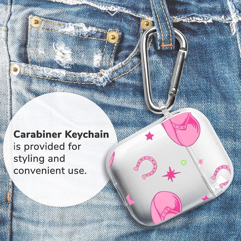 Pink Cowboy Dream Pattern TPU Soft Protective Case for Apple AirPods 4/3/2/1/Pro/Pro2 Transparent Earphone Cover with Keychain Attachment
