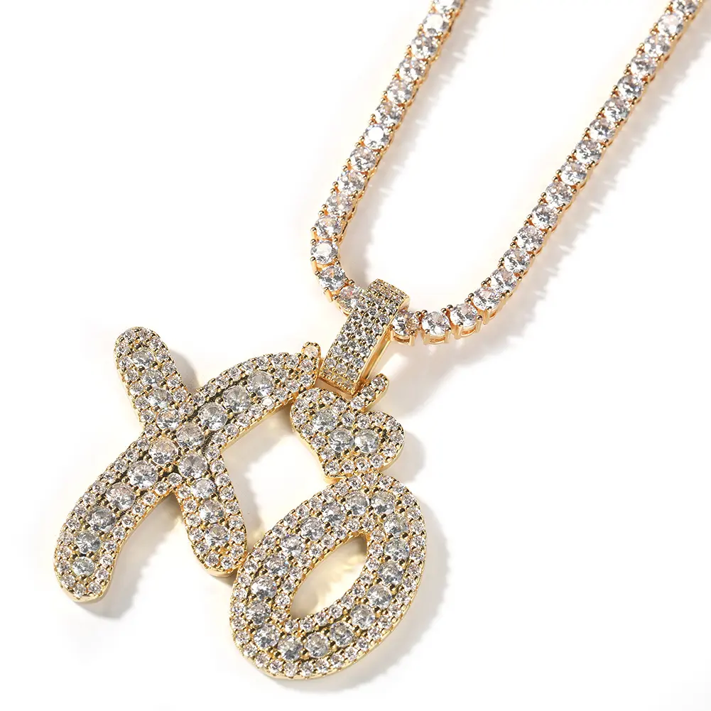 Love XO Letter Pendant Necklace for Men & Women Trendy Couple Jewelry Gold Copper AAAAA Zircon 24inch Twisted Chain Hip-Hop Style