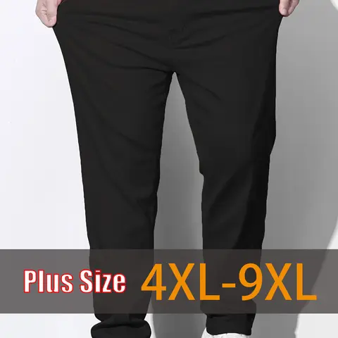 Big & Tall Menswear Jeans - Plus Size 4XL-8XL Casual Loose Straight Below-Ankle Pants, Cotton-Polyester-Elastane Solid Stretch Denim, Plain, Pocketed, Machine-Washable All-Season