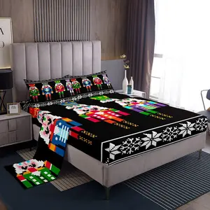 Nutcracker Bed Sheet Set,Retro Xmas Sheet Set,Colorful Scandinavian Christmas Snowflakes Sheets,Black White Bedroom Decor Winter Flat Fitted Sheet