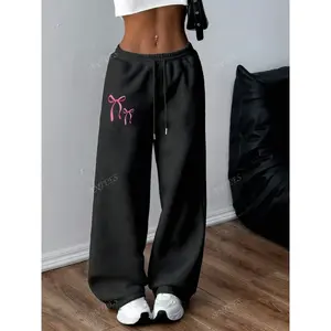 Bow print sports pants, high waisted drawstring loose wide leg sports pants, casual retro style women's fashion, high waisted sports pants