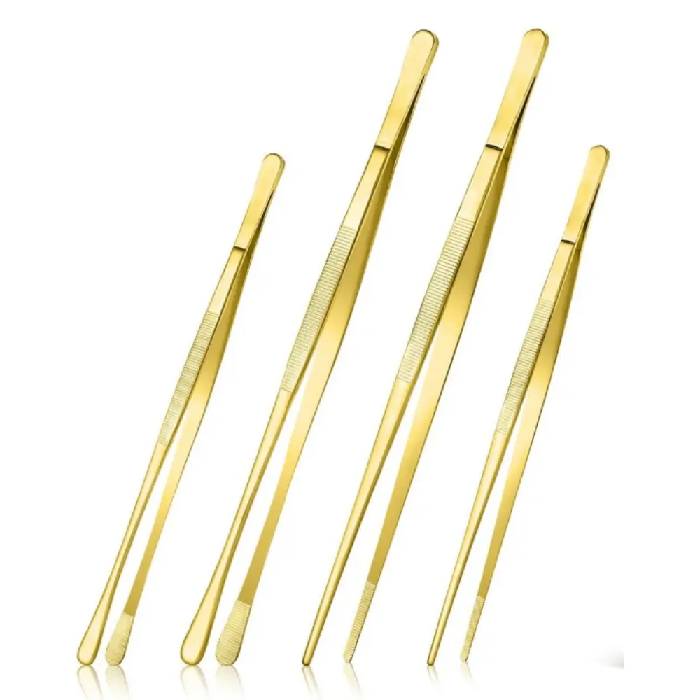 4Pcs Fine Long Tweezer Tongs Professional Gold, 12'' and 10'' Stainless Steel for Kitchen, Food, Cooking, Repairing, Sea food and BBQ