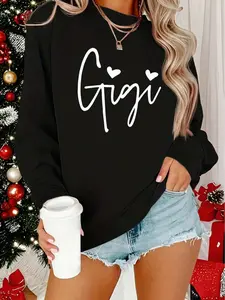 Women's Casual Letter Print Heart Sweatshirt Loungewear, Loose-Fit Long Sleeve Round Neck Pullover, Thick Fabric for Fall & Winter, Fashionable Daily Wear