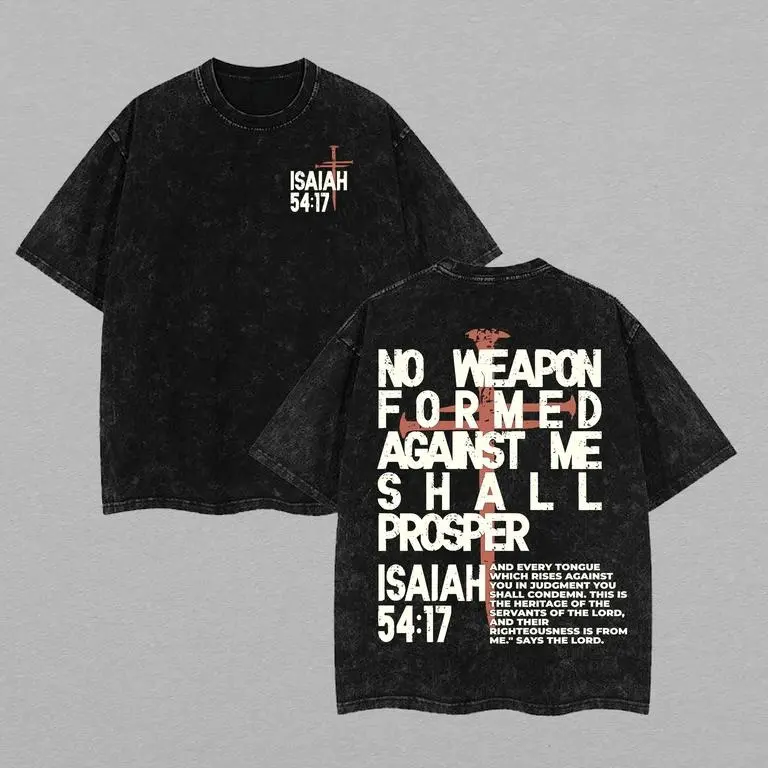 Men's Cotton Round Neck Graphic Tee - Washed Distressed Vintage Casual Short-Sleeve Christian "No Weapon" Religious Apparel, Fitted/Overized Unisex Top for Streetwear, Gym