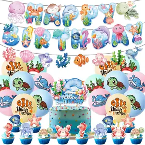 Ocean Animal Theme Birthday Party Decoration Set, Includes Banner, Garlands, Cake Topper, Balloons, Perfect for Under the Sea Themed Parties