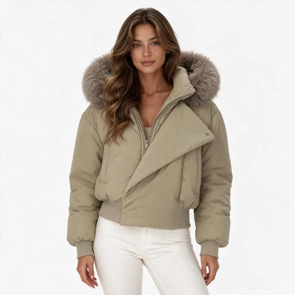 9016 Women's Cropped Puffer Jacket With Faux Fur Hood, Asymmetric Zipper Winter Warm Coat
