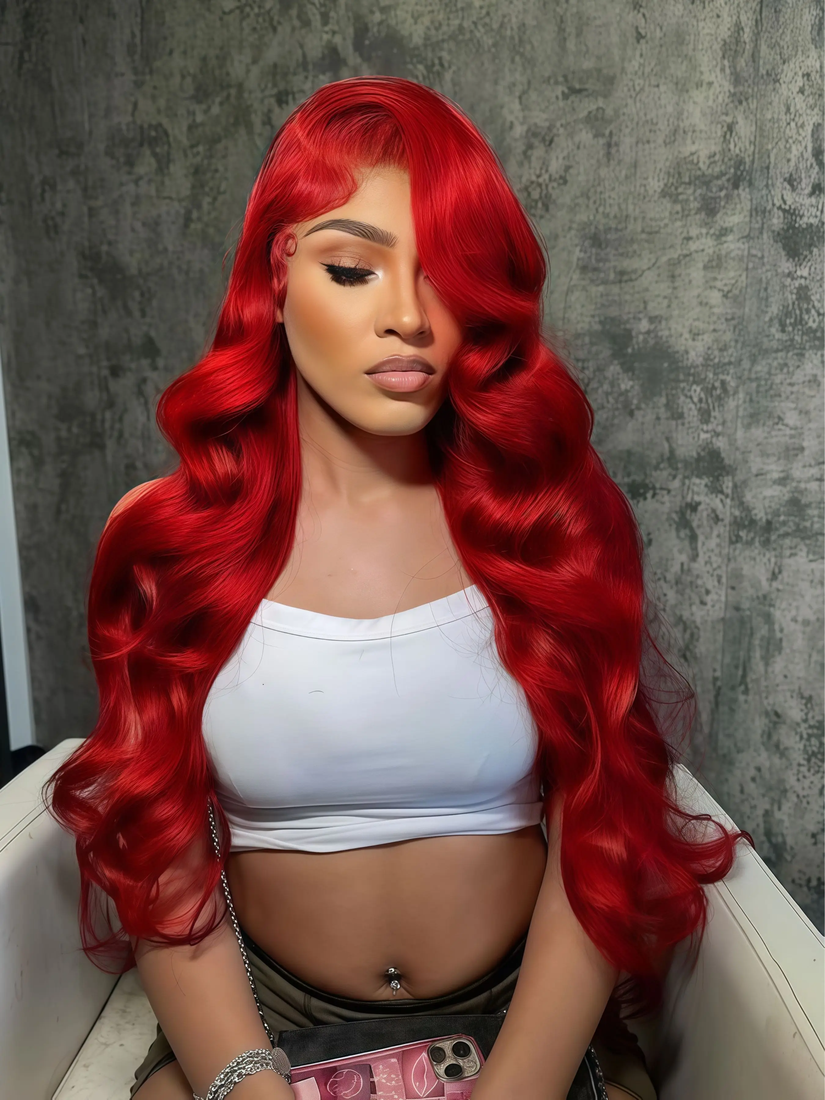 Red Long Wavy 13×4 Lace Front Wig, Loose Curly Wig, Loose Big Curls Synthetic Hair Wigs, Natural Hairline, Heat Resistant Fiber, Daily Wear, 28 Inches