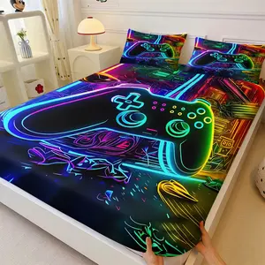 3Pcs Neon Game Controller Fitted Sheet Set, Gamer Bed Sheet Set, Cool Gaming Bedding Set No Fillers, Soft Breathable Digital Print Deep Pocket Mattress Cover with Pillowcases for Teen Boys Bedroom, Dorm, Game Room