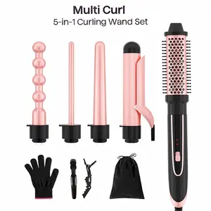 Heikki Vision 5-in-1 Curling Hot Brush Set with Curling Brush and 4 Interchangeable Ceramic Curling Wands, Instant Heat, Includes Heat Protective Gloves and 2 Clips (US Standard)