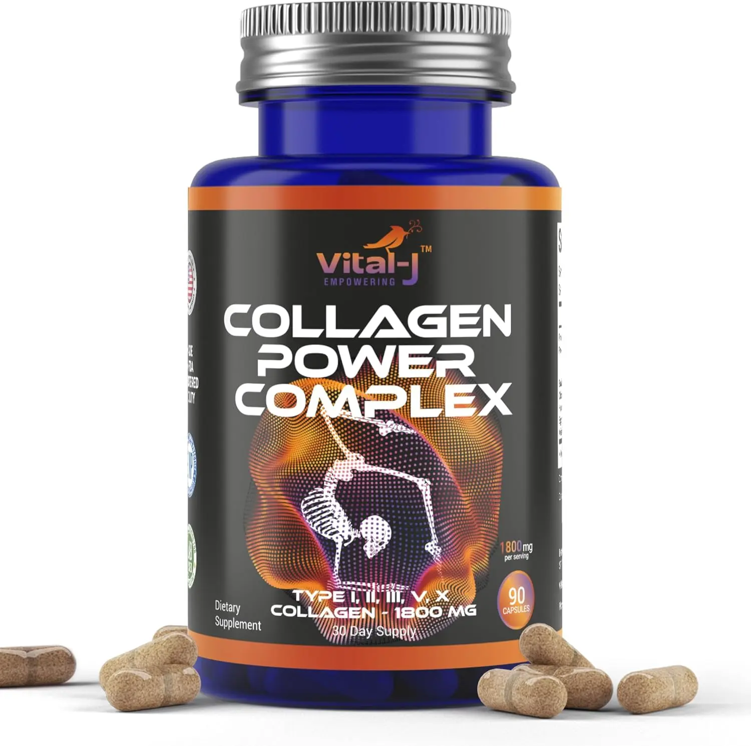 5-IN-1 Hydrolyzed Collagen Peptides Capsules, 1800mg - 90 Count, Types I-II-III-V-X - Beauty & Skin Care Supplement for Women & Men - Joint, Hair, Nail Support - Fitness Dietary Health Nutrition