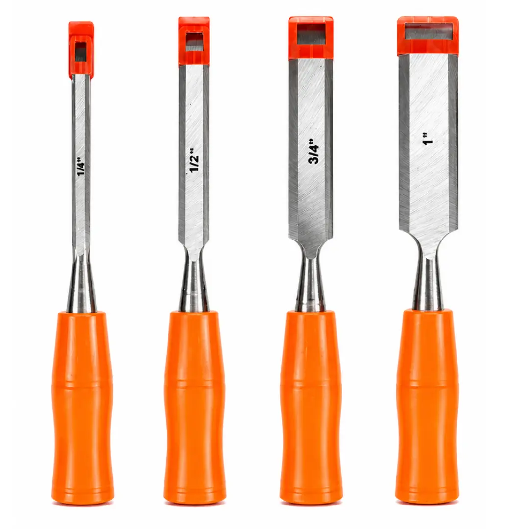 4 Pc Wood Chisel Set – 1/4", 1/2", 3/4", 1" Cr-V Steel Woodworking Chisels with Comfort Grip Handles & Blade Guards – Carpentry, DIY & Professional Use