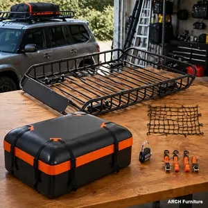 Heavy Duty Extendable Steel Frame Arch Roof Rack Cargo Basket, 50x36x5.1in Universal Fit Rooftop Luggage Carrier for Trucks/SUVs, W/ Weatherproof Bag, Cargo Net, Ratchet Straps, Outdoor Lock, Easy Setup