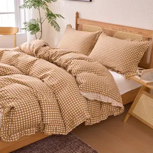 Vintage Plaid Print Korean Ruffle Bedding Set, Includes 1 Duvet Cover + 2 Pillowcases, Girls Room Decor, Single Twin Double Queen Size Comforter Cover set