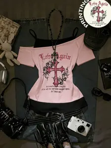 Spring Summer Women's Vintage Gothic Off-Shoulder Short Sleeve Top, Geometric Print Fake Two-Piece Slim Fit Casual Shirt, Casual Comfy Tee