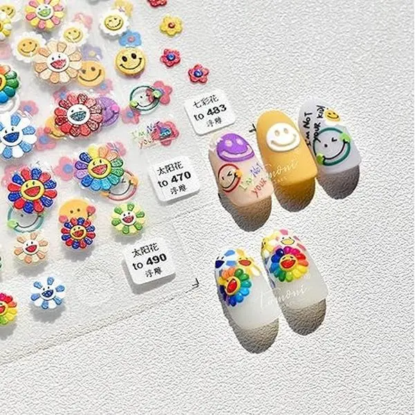 5D Stereoscopic Embossed Sun Flower Nail Art Stickers Decals, Candy Color Cartoon Smiling Face Sun Flower Colorful Flower Self-Adhesive Nail Stickers for Nail Art Decoration (3 Sheets)