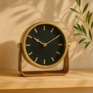 Stainless Steel Metal Decorative Clock with Leather Stand 7" x 3" x 7"