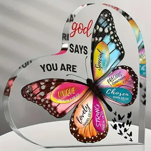 Heart Shaped Acrylic Plaque, Butterfly & Letter Pattern Decorative Plaque, Desktop Ornament for Home Office, Vintage Plaque Decor