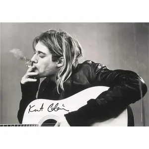 Heart Rock Kurt Cobain & Guitar Large Fabric Poster/Flag Wall Art Black and white canvas painting 12x18in unframed
