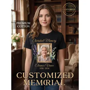 Custom Memorial Photo T-Shirt Personalized Name/Text & Print Suitable for Family Reunions, Group Events, Remembrance Gifts - Lavender Lily Floral Golden Vintage Crew Neck Tee, Soft Breathable Cotton U