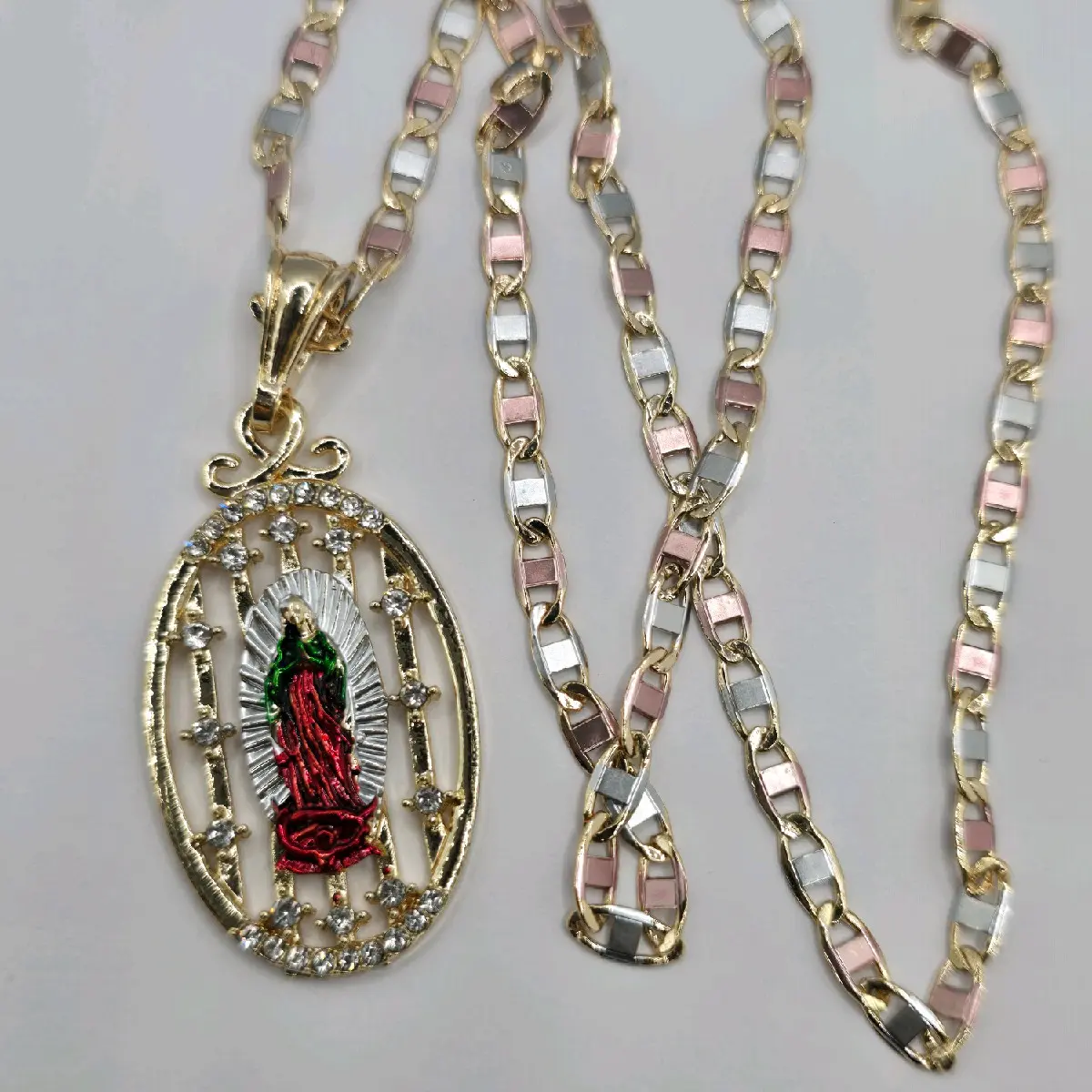 VIRGIN MARY religious necklace clear color 20"inches new chain GOLD-PLATED