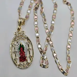 VIRGIN MARY religious necklace clear color 20"inches new chain GOLD-PLATED