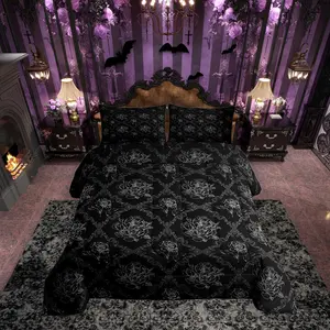 Adults Gothic Comforter Set Vintage Rose Comforter for Boys Girls Teens Black White Damask Bedding Set Luxury Floral Flower Duvet Set Room Decorations Quilt Set