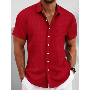 Lightweight Polyester Plus Size Men's Casual Solid Blue Button-Up Short Sleeve Shirt - Ribbed Texture, Machine Washable for Summer Comfort