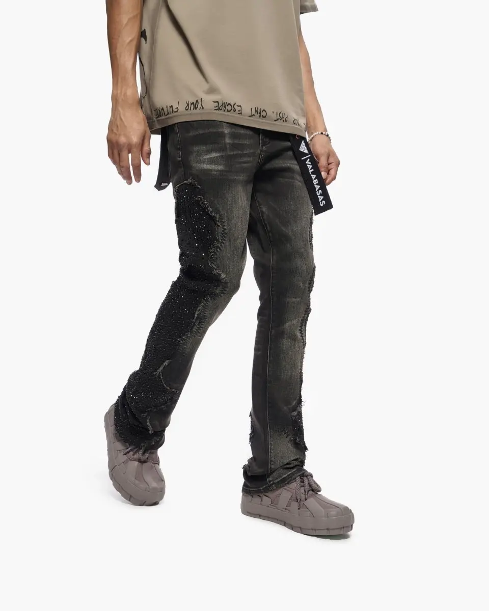 Men's Stacked Denim Jeans, Grey-Black Color, Jeans Pants, Full Length, Spandex, Cotton, Menswear, Pocket, Streetwear, Rhinestones, Stretch Denim, True Size, Raw Edge, Stacked Fit, Cotton Blend, Panel Detail