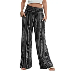 Dokotoo Women's Summer Boho Floral Bagyy Pants Wide Leg High Smocked Waist Casual Loose Palazzo Pants with Pocket