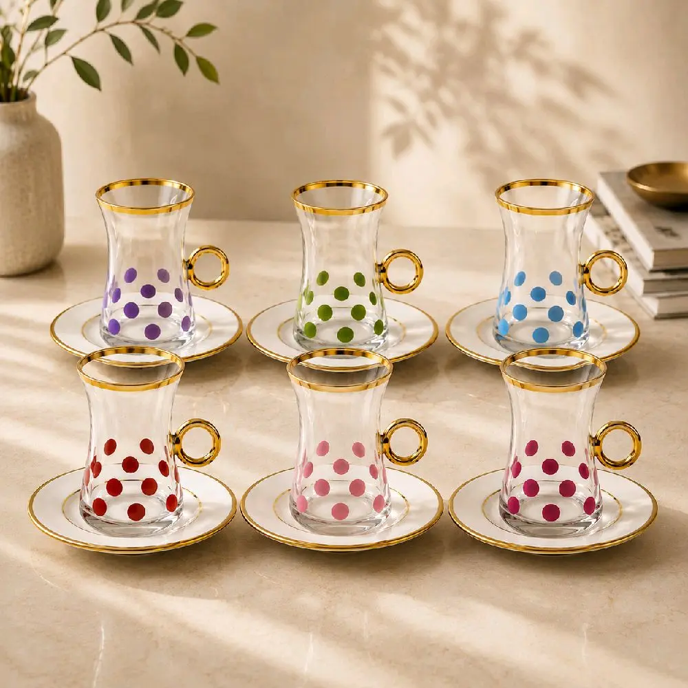 Assorted Colored Dotted Six Piece Tea Cup Set