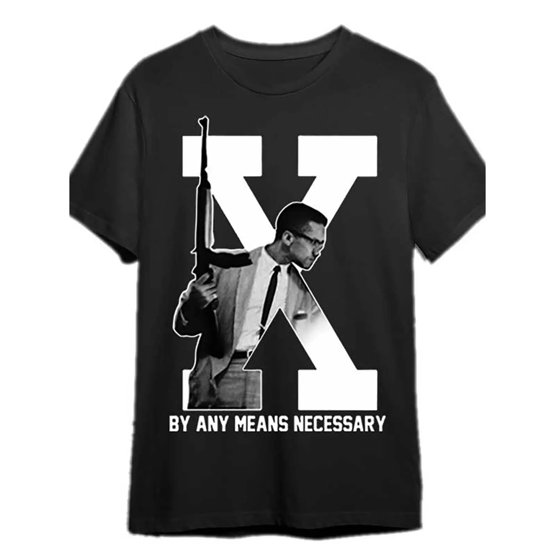 Men's "Malcolm X by Any Means Necessary" Graphic T-Shirt (338281) - Black PR Cotton, Relaxed Fit, Casual Menswear, Short-Sleeve Funny Tshirt