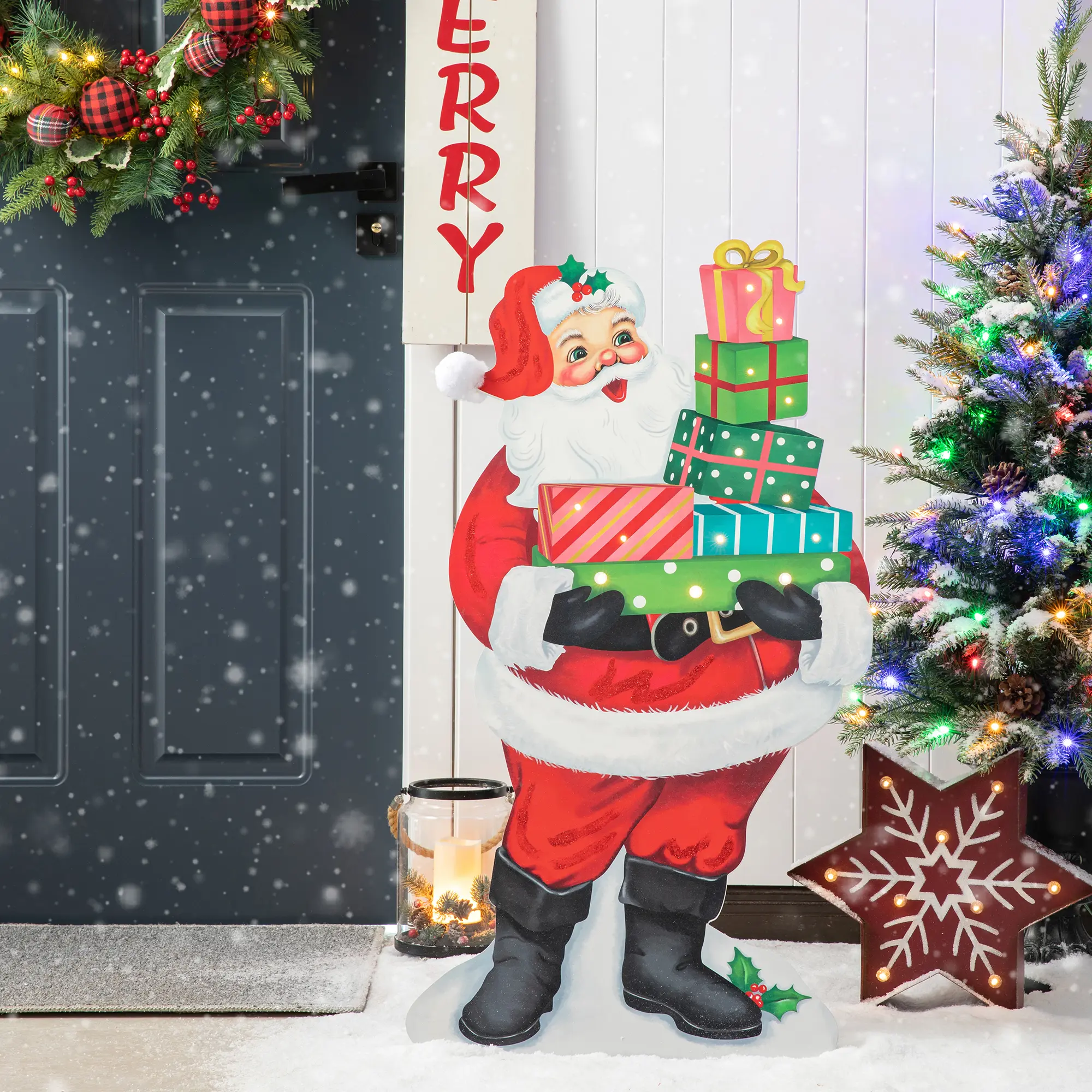 Glitzhome 36"H Lighted Wooden Santa Gifts Porch Decor with Timer