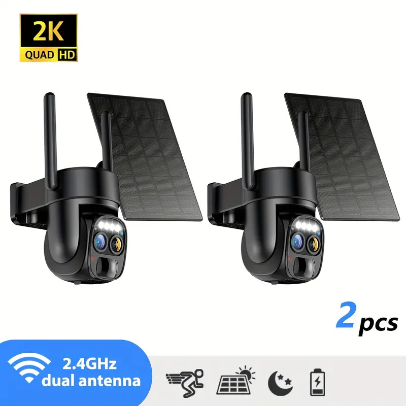 Hawkray 2-Pcs Set Digital Security Cameras (2-Panel Solar-Powered Wireless) with Dual Lens Surveillance, 2K 3MP, 360° Pan-Tilt, 10x Zoom, Dual Viewing Angle, 2.4&5G WiFi, Battery-Powered, Built-In Light, Alarm, PIR Motion Detection, Home Monitoring System