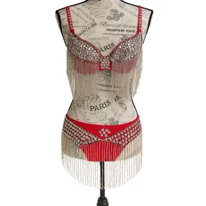 Red & Silver "Crystal Flame" Fringe Belly Dance Set with Rhinestone Accents and Fringe Detailing for Performances