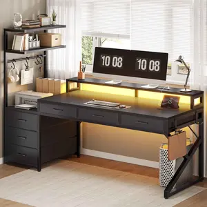 SEDETA 55 Inch Reversible Gaming Desk with 6 Drawers PC Desk with LED Lights Power Outlet Corner Computer Desk with Monitor Stand