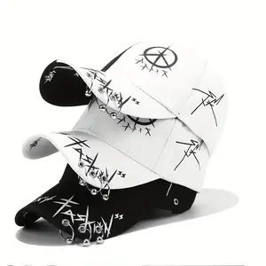 Black and White Stitching Iron Hoop Baseball Cap with Anarchy Symbol and Metal Studs Adjustable Snapback Hat for Casual Outings and Music Festivals