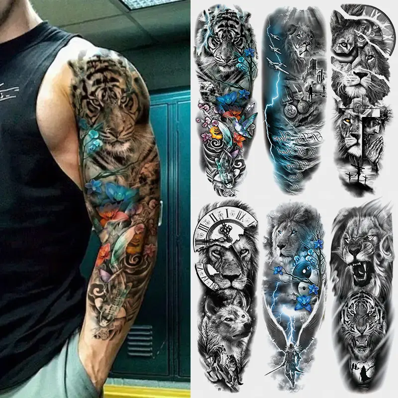 6 Piece Temporary Full Arm Tattoo Stickers, Body Fake Tattoos, Ephemeral Tattoos, Waterproof Animal Sleeve Art Tattoos for Men and Women, Realistic Designs Featuring Lion Tiger Jesus and Lightning