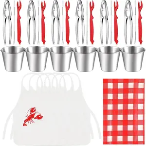 31 Pcs Seafood Tools Set Nut Cracker Set Including Crab Crackers, Crab Forks/picks, Lobster Shellers, 1.7 oz Dipping Sauce Cups, Lobster Bibs, Red Checkered Disposable Plastic Tablecloth