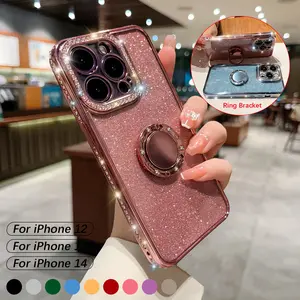 Bling Glitter Ring Case For iPhone 16 15 14 13 12 11 Pro Max Ring Holder Kickstand Case Plating Bumper Cover with Camera Lens Protector