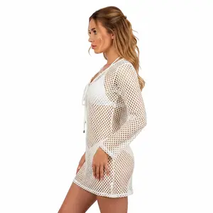 Tie-waist Long-sleeve Tunic Dress with Lace-up Front and Fishnet Design for Women