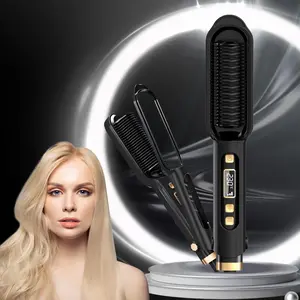 Portable Hair Straightener Brush, Multipurpose Temperature Adjustable Hair Straightener, Straight & Curly Hair Comb, Hair Styling Tool for Home & Travel